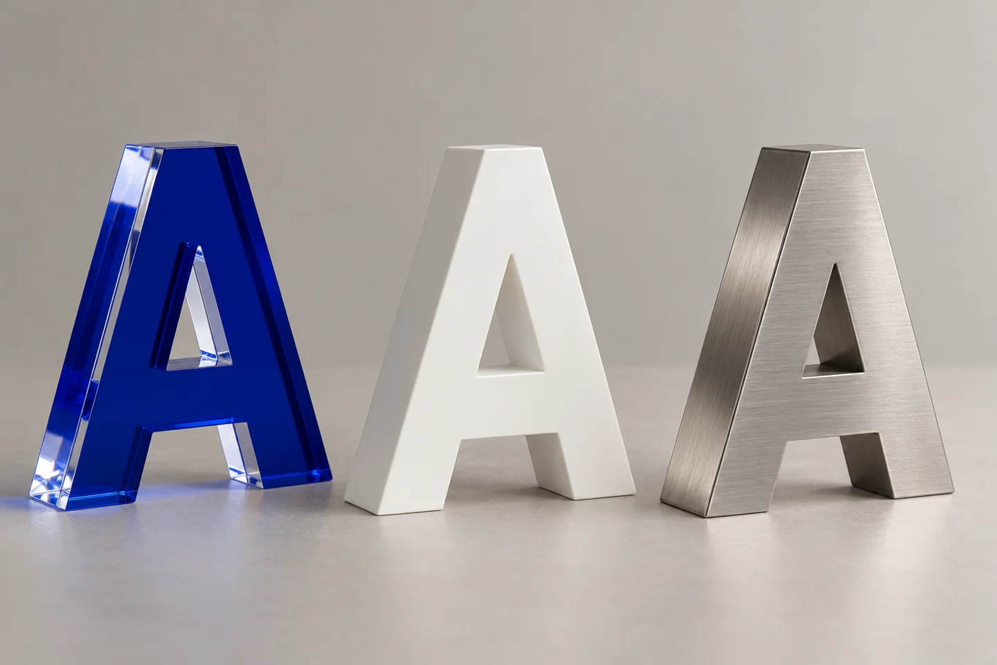 Ilustração de amostras de letras em acrílico azul, acabamento branco e inox escovado